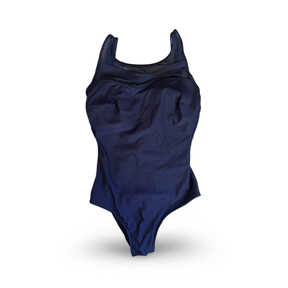 Robby Len Womens Navy Blue Mesh Panel One Piece Swimsuit Size 14 Scoop Back